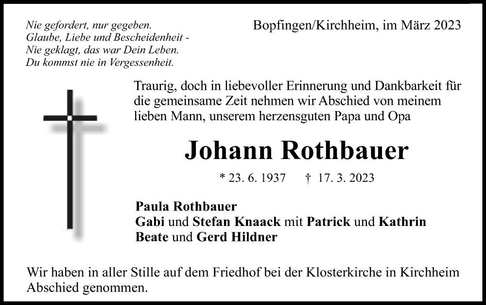  Traueranzeige für Johann Rothbauer vom 29.03.2023 aus Schwäbische Post