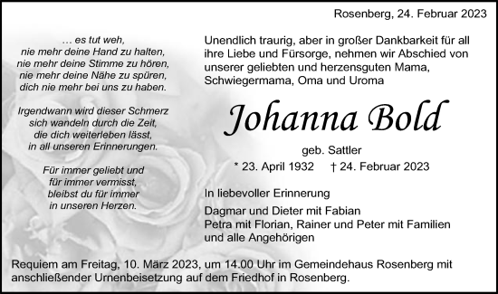 Traueranzeige von Johanna Bold