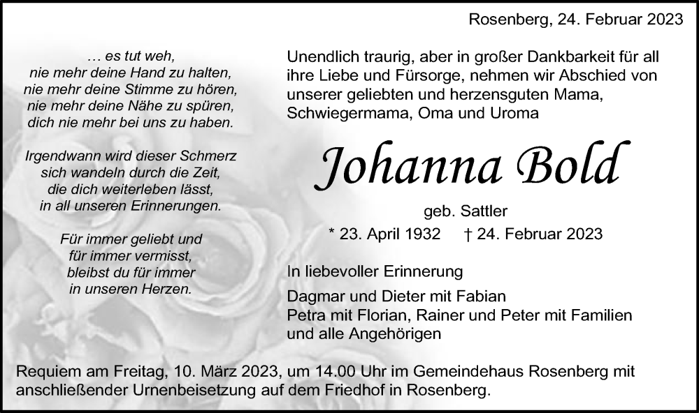  Traueranzeige für Johanna Bold vom 07.03.2023 aus Schwäbische Post