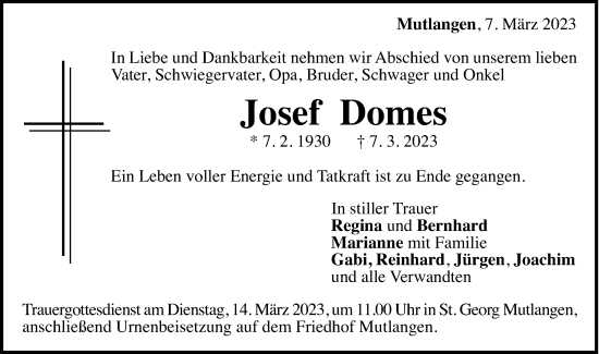 Traueranzeige von Josef Domes von Schwäbische Post