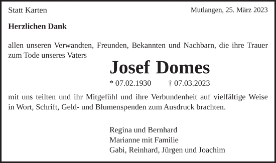 Traueranzeige von Josef Domes von Gmünder Tagespost