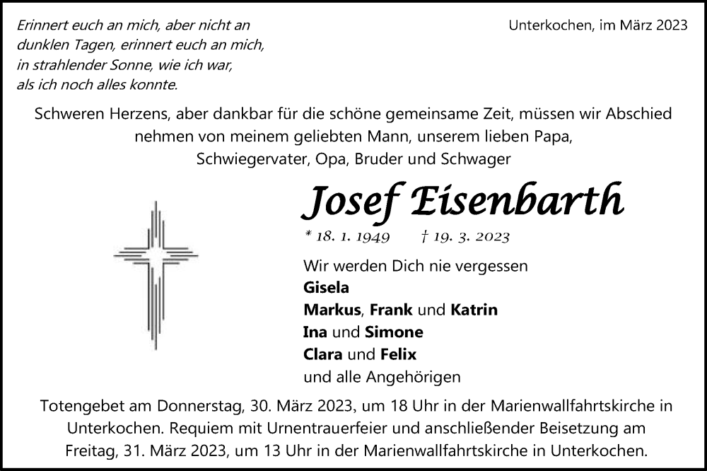  Traueranzeige für Josef Eisenbarth vom 28.03.2023 aus Schwäbische Post