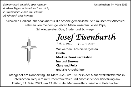 Traueranzeige von Josef Eisenbarth von Schwäbische Post