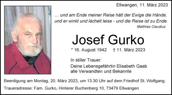 Traueranzeige von Josef Gurko