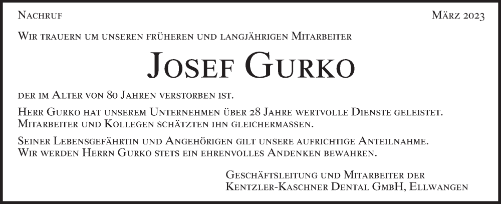  Traueranzeige für Josef Gurko vom 18.03.2023 aus Schwäbische Post