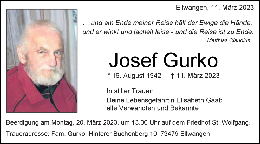  Traueranzeige für Josef Gurko vom 15.03.2023 aus Schwäbische Post