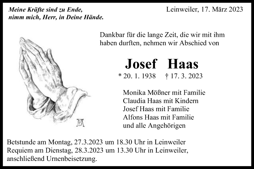  Traueranzeige für Josef Haas vom 24.03.2023 aus Gmünder Tagespost