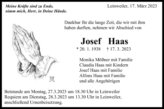 Traueranzeige von Josef Haas