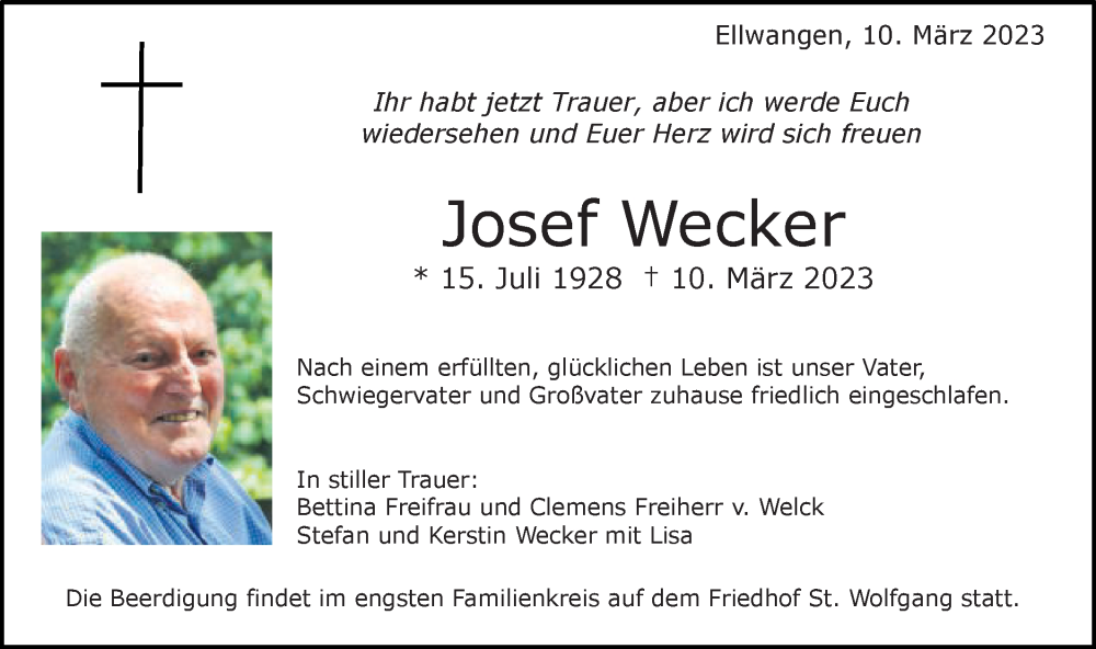  Traueranzeige für Josef Wecker vom 14.03.2023 aus Schwäbische Post