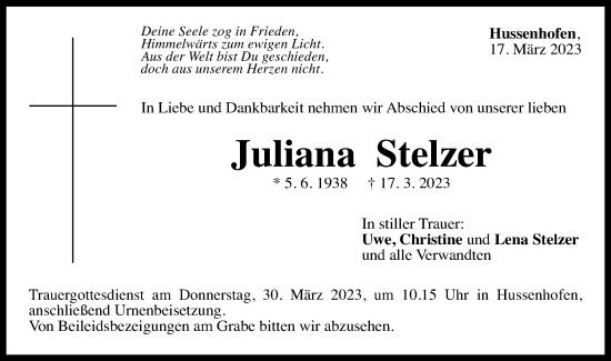 Traueranzeige von Juliana Stelzer von Gmünder Tagespost