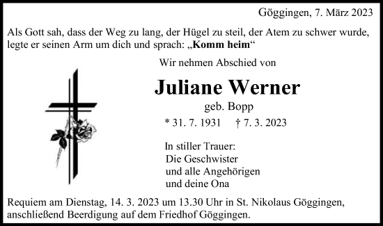 Traueranzeige von Juliane Werner von Gmünder Tagespost