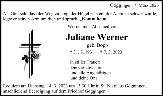 Traueranzeige von Juliane Werner