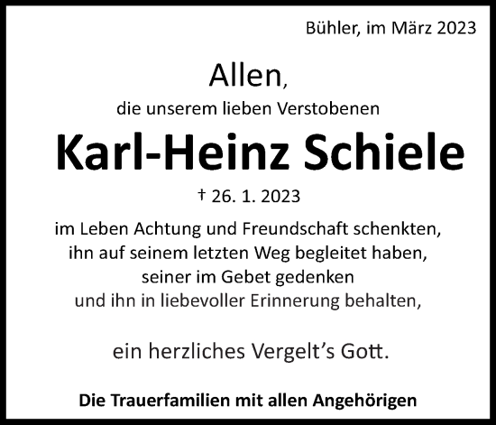 Traueranzeige von Karl-Heinz Schiele von Schwäbische Post