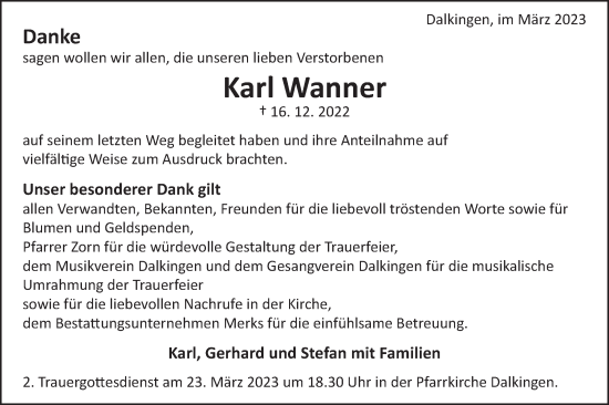 Traueranzeige von Karl Wanner von Schwäbische Post