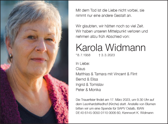 Traueranzeige von Karola Widmann von Gmünder Tagespost