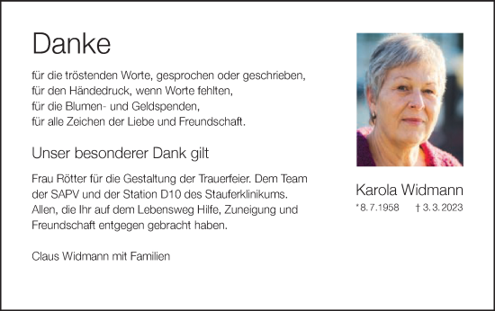 Traueranzeige von Karola Widmann von Gmünder Tagespost