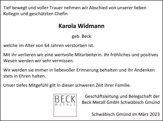 Traueranzeige von Karola Widmann von Gmünder Tagespost