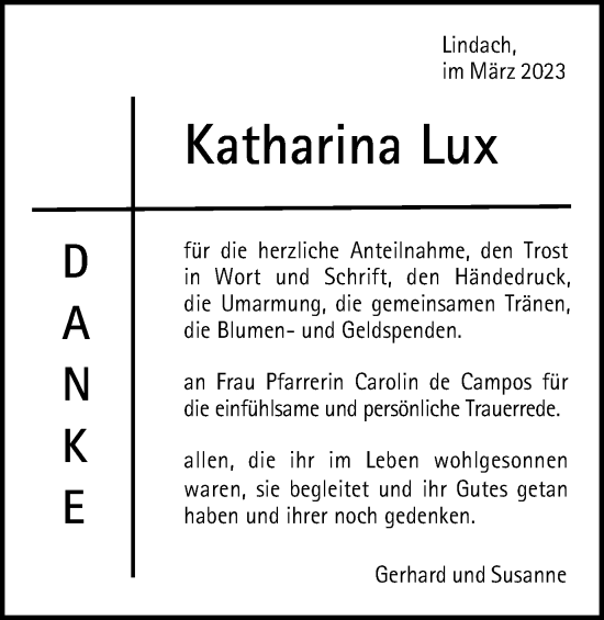 Traueranzeige von Katharina Lux von Gmünder Tagespost