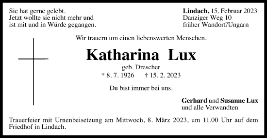 Traueranzeige von Katharina Lux von Gmünder Tagespost