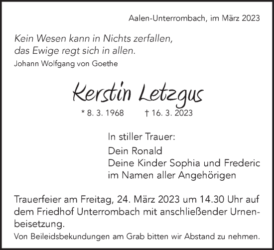 Traueranzeige von Kerstin Letzgus von Schwäbische Post