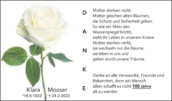 Traueranzeige von Klara Mooser von Gmünder Tagespost