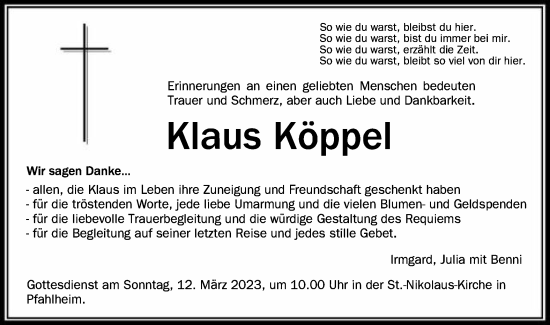 Traueranzeige von Klaus Köppel von Schwäbische Post