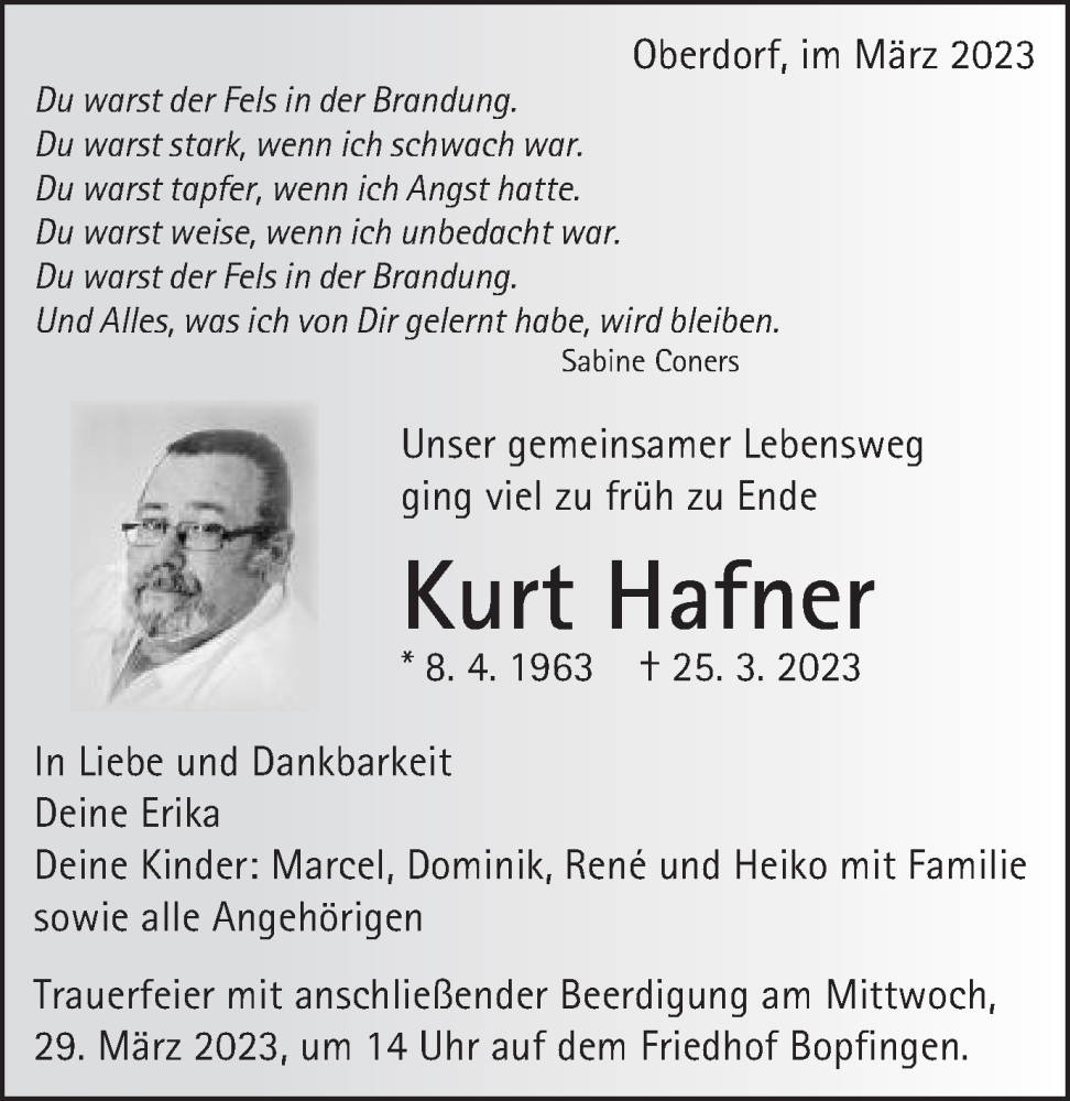  Traueranzeige für Kurt Hafner vom 28.03.2023 aus Schwäbische Post