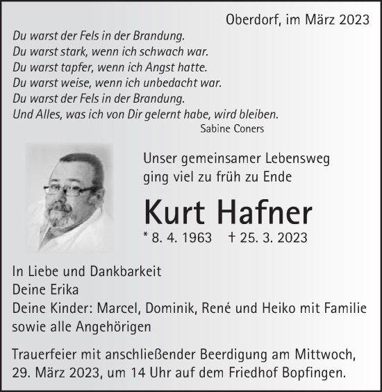 Traueranzeige von Kurt Hafner von Schwäbische Post