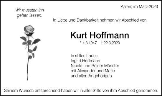 Traueranzeige von Kurt Hoffmann von Schwäbische Post