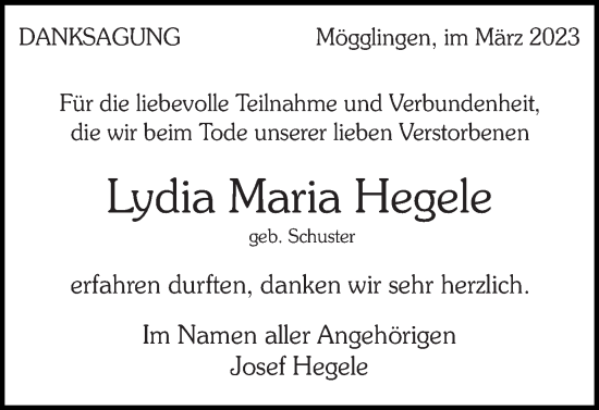 Traueranzeige von Lydia Maria Hegele von Gmünder Tagespost