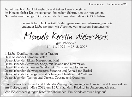 Traueranzeige von Manuela Kerstin Weinschenk von Schwäbische Post