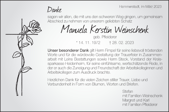 Traueranzeige von Manuela Kerstin Weinschenk von Schwäbische Post