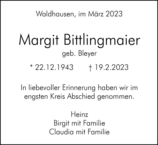 Traueranzeige von Margit Bittlingmaier von Gmünder Tagespost