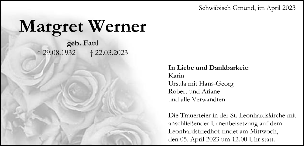  Traueranzeige für Margret Werner vom 25.03.2023 aus Gmünder Tagespost
