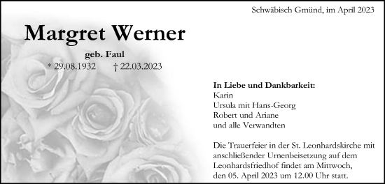 Traueranzeige von Margret Werner von Gmünder Tagespost