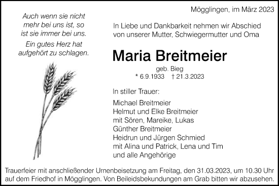 Traueranzeige von Maria Breitmeier von Gmünder Tagespost