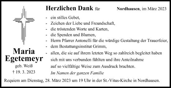 Traueranzeige von Maria Egetemeyr von Schwäbische Post