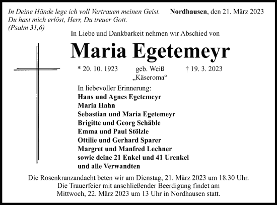 Traueranzeige von Maria Egetemeyr von Schwäbische Post
