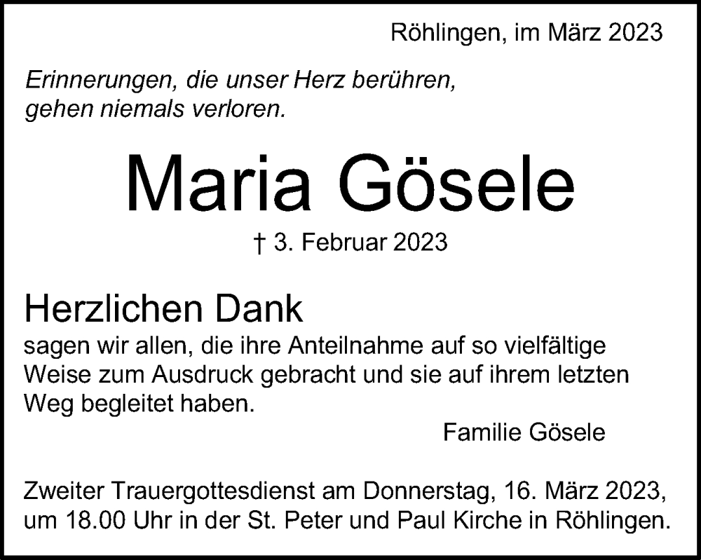  Traueranzeige für Maria Gösele vom 10.03.2023 aus Schwäbische Post