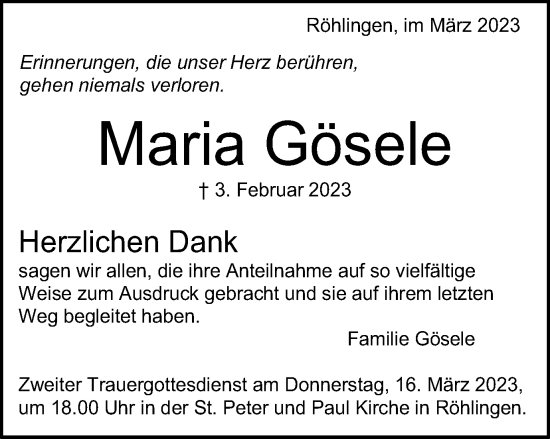 Traueranzeige von Maria Gösele