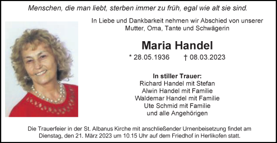 Traueranzeige von Maria Handel von Gmünder Tagespost