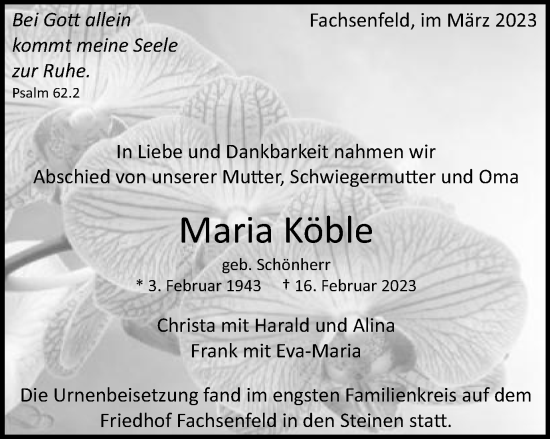 Traueranzeige von Maria Köble von Schwäbische Post