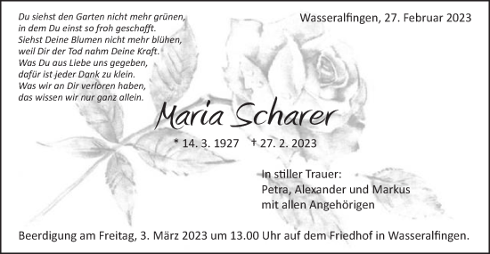 Traueranzeige von Maria Scharer von Schwäbische Post
