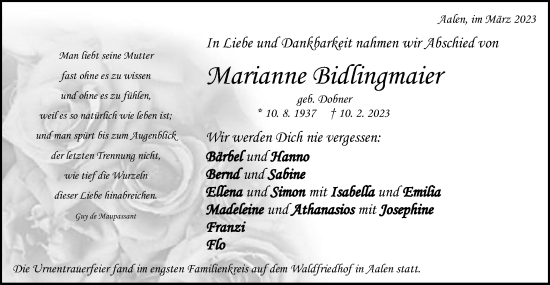 Traueranzeige von Marianne Bidlingmaier von Schwäbische Post