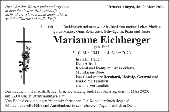 Traueranzeige von Marianne Eichberger von Schwäbische Post