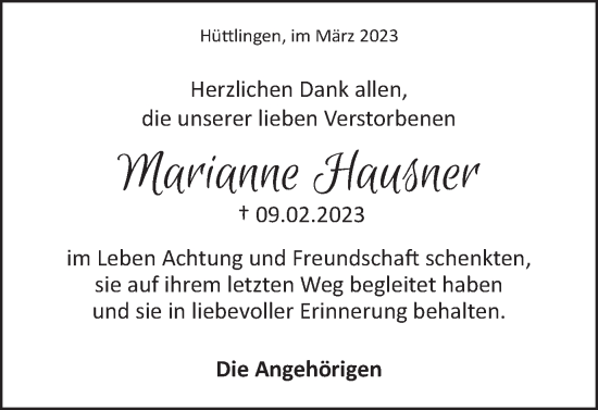 Traueranzeige von Marianne Hausner von Schwäbische Post
