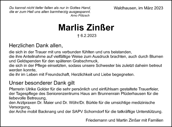 Traueranzeige von Marlis Zinßer von Gmünder Tagespost