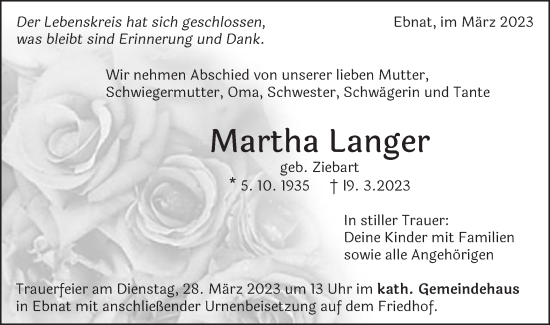 Traueranzeige von Martha Langer von Schwäbische Post