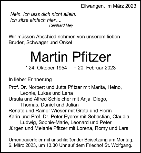 Traueranzeige von Martin Pfitzer von Schwäbische Post
