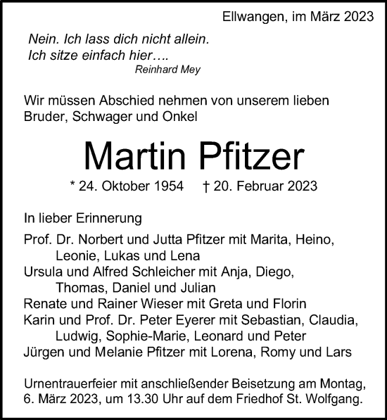 Traueranzeige von Martin Pfitzer